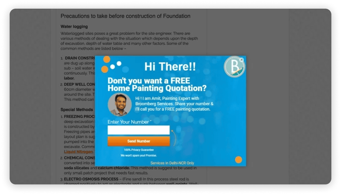 Broomberg website pop-up offering a free home painting quotation with phone number signup.
